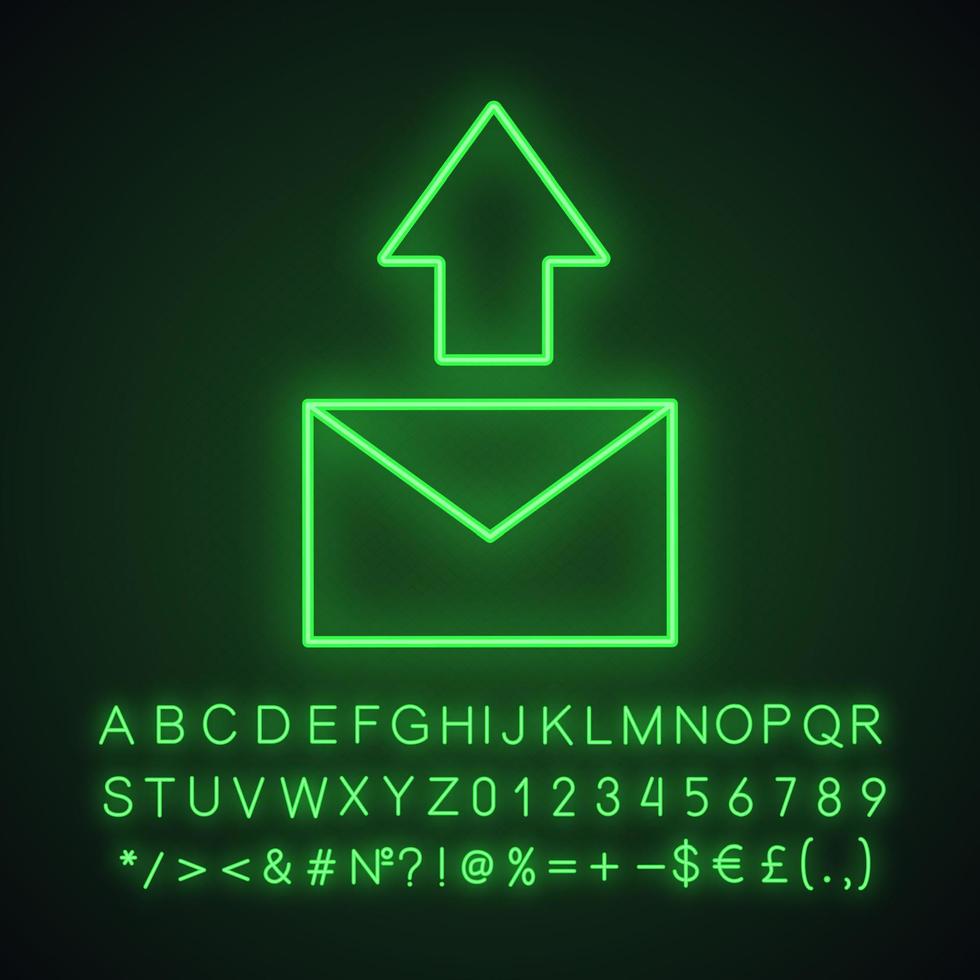 enviar mensagem ícone de luz neon. carta de e-mail. Enviar SMS. sinal brilhante com alfabeto, números e símbolos. ilustração vetorial isolada vetor