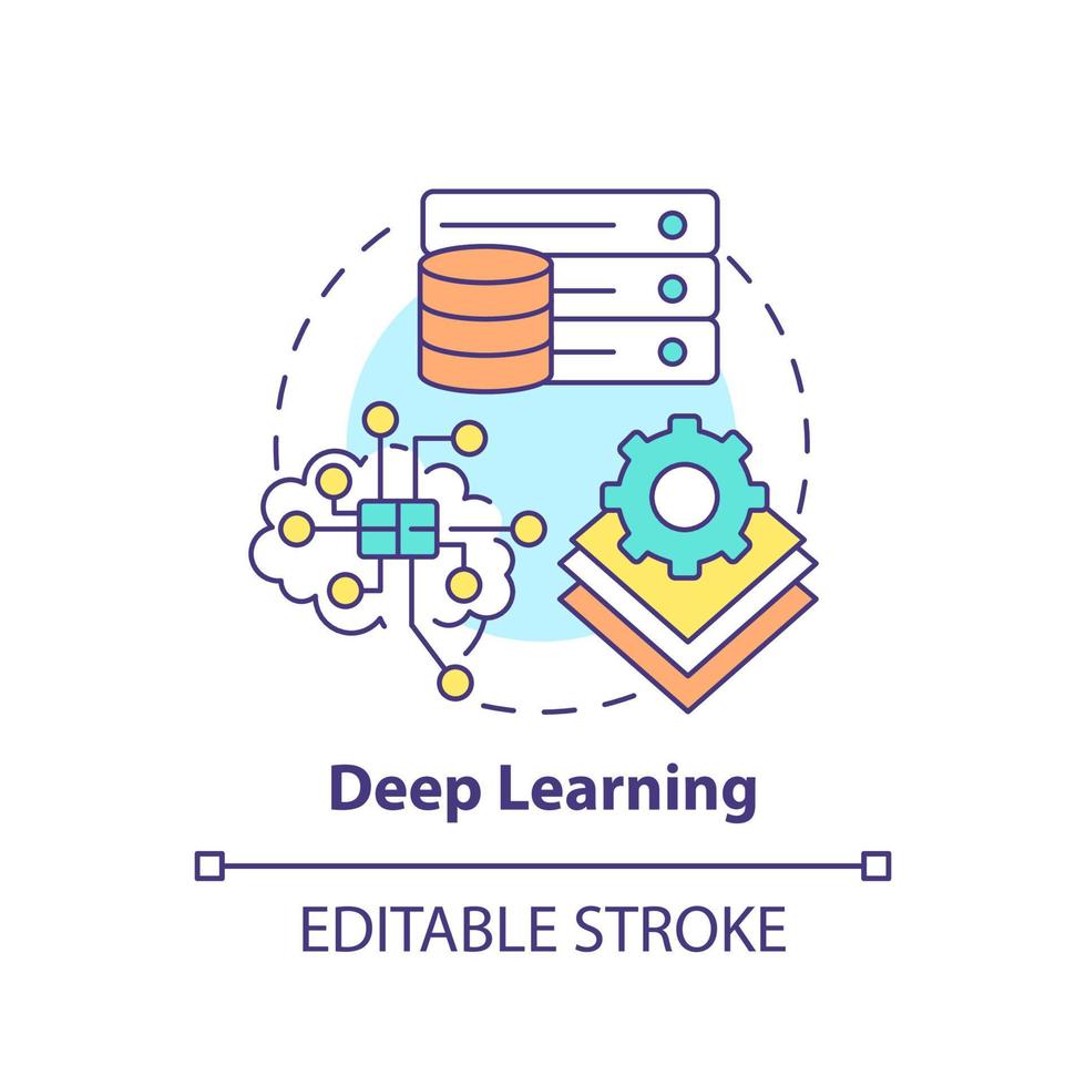 ícone do conceito de aprendizagem profunda. quantidade excessiva de dados. campo de ilustração de linha fina de idéia abstrata de aprendizado de máquina. desenho de contorno isolado. traço editável. vetor