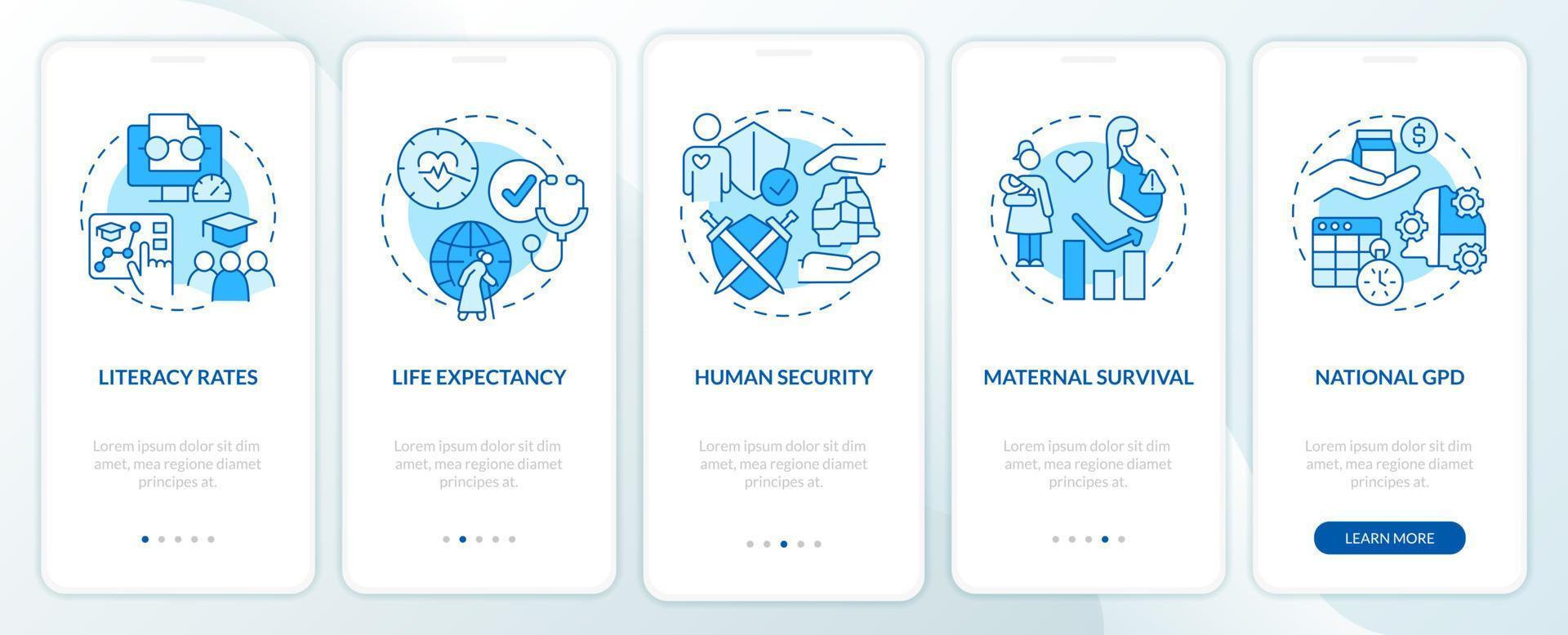 medidas da tela de aplicativo móvel de integração azul do desenvolvimento humano. passo a passo 5 passos páginas de instruções gráficas com conceitos lineares. ui, ux, modelo de gui. vetor