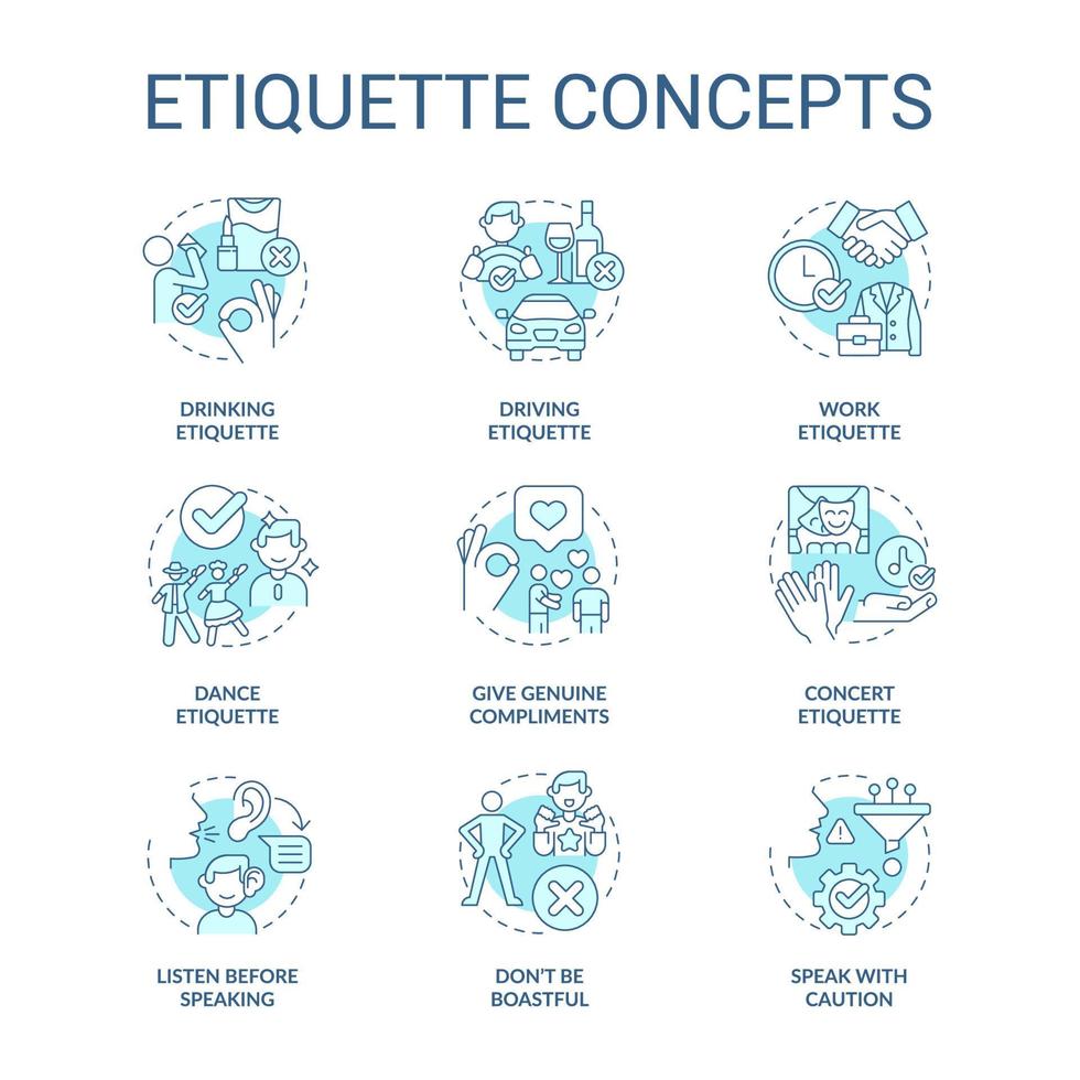 conjunto de ícones do conceito de etiqueta turquesa. conjunto de regras e normas. comportamento ético idéia ilustrações de cores de linha fina. símbolos isolados. traço editável. vetor