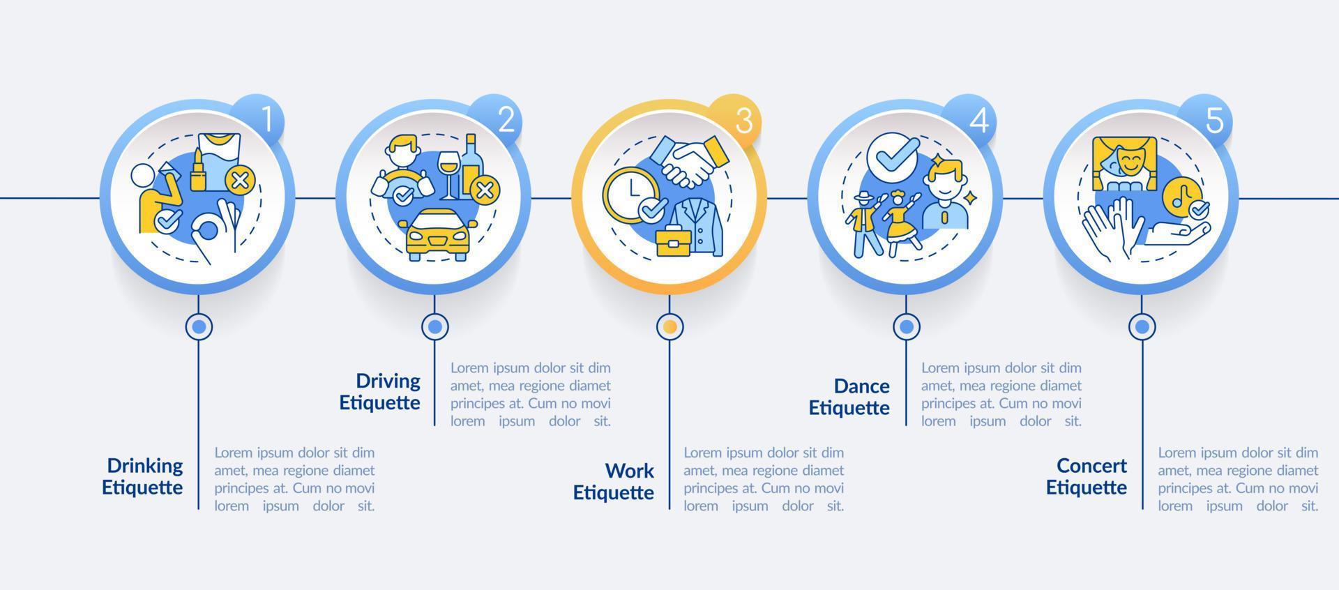 tipos de modelo de infográfico de círculo de etiqueta. conjunto de regras. visualização de dados com 5 passos. gráfico de informações da linha do tempo do processo. layout de fluxo de trabalho com ícones de linha. vetor