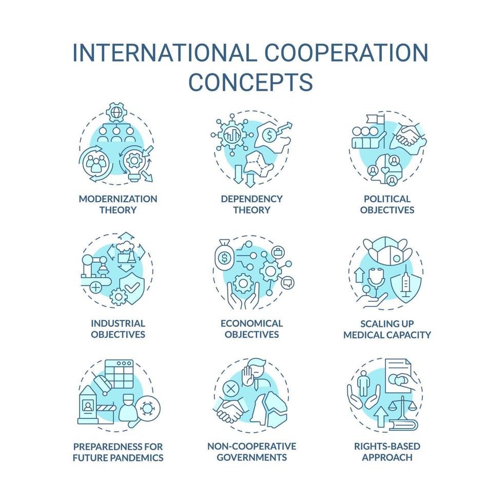 conjunto de ícones de conceito turquesa de cooperação internacional. integração global para ilustrações de cores de linha fina de ideia de progresso. símbolos isolados. traço editável. vetor