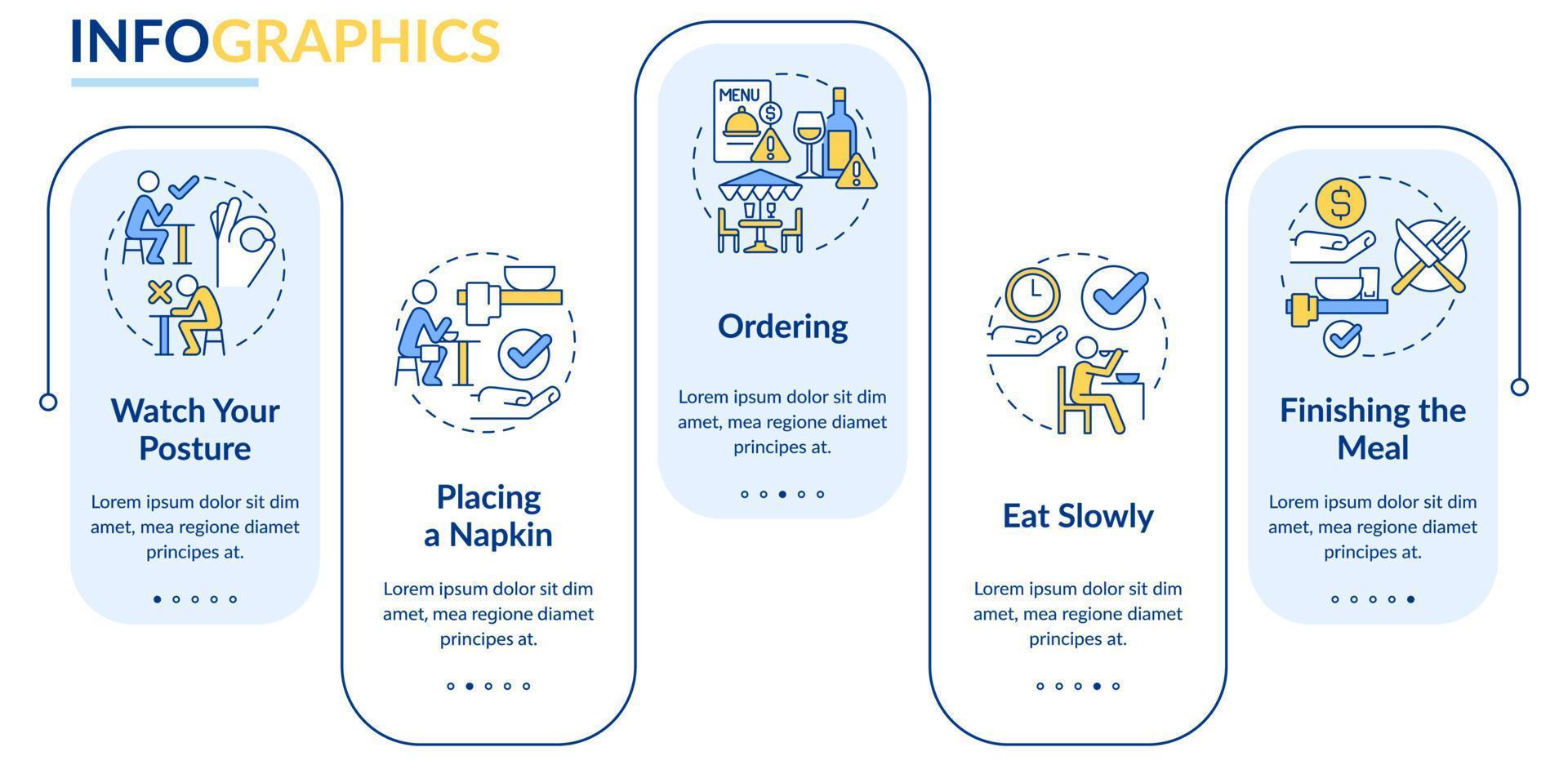 modelo de infográfico de retângulo de etiqueta de restaurante. visualização de dados de modos de mesa com 5 etapas. gráfico de informações da linha do tempo do processo. layout de fluxo de trabalho com ícones de linha. vetor