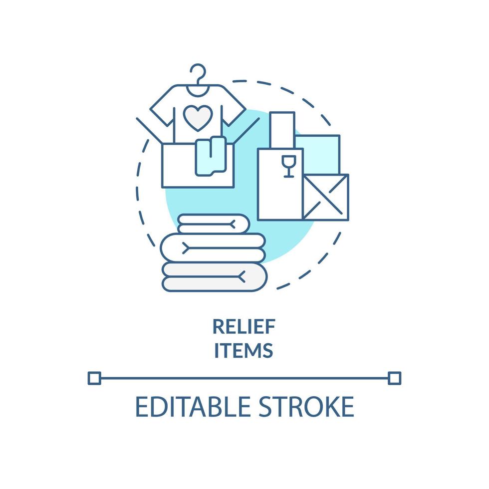 ícone de conceito turquesa de itens de alívio. fornecer os bens necessários. maneira de ajudar os refugiados a abstrair a ilustração de linha fina de ideia. desenho de contorno isolado. traço editável. vetor