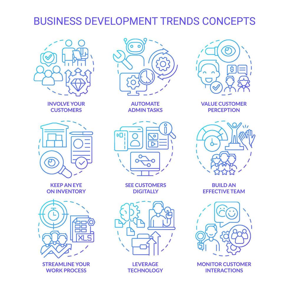 conjunto de ícones de conceito gradiente azul de tendências de desenvolvimento de negócios. inovações ideia ilustrações de cores de linha fina. símbolos isolados. traço editável. vetor