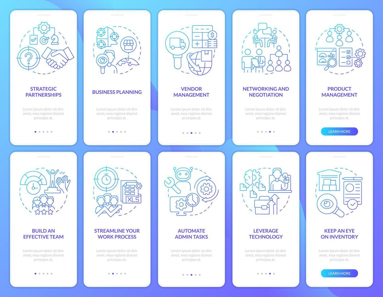 conjunto de tela de aplicativo móvel de integração de gradiente azul de desenvolvimento de negócios. passo a passo 5 passos páginas de instruções gráficas com conceitos lineares. ui, ux, modelo de gui. vetor