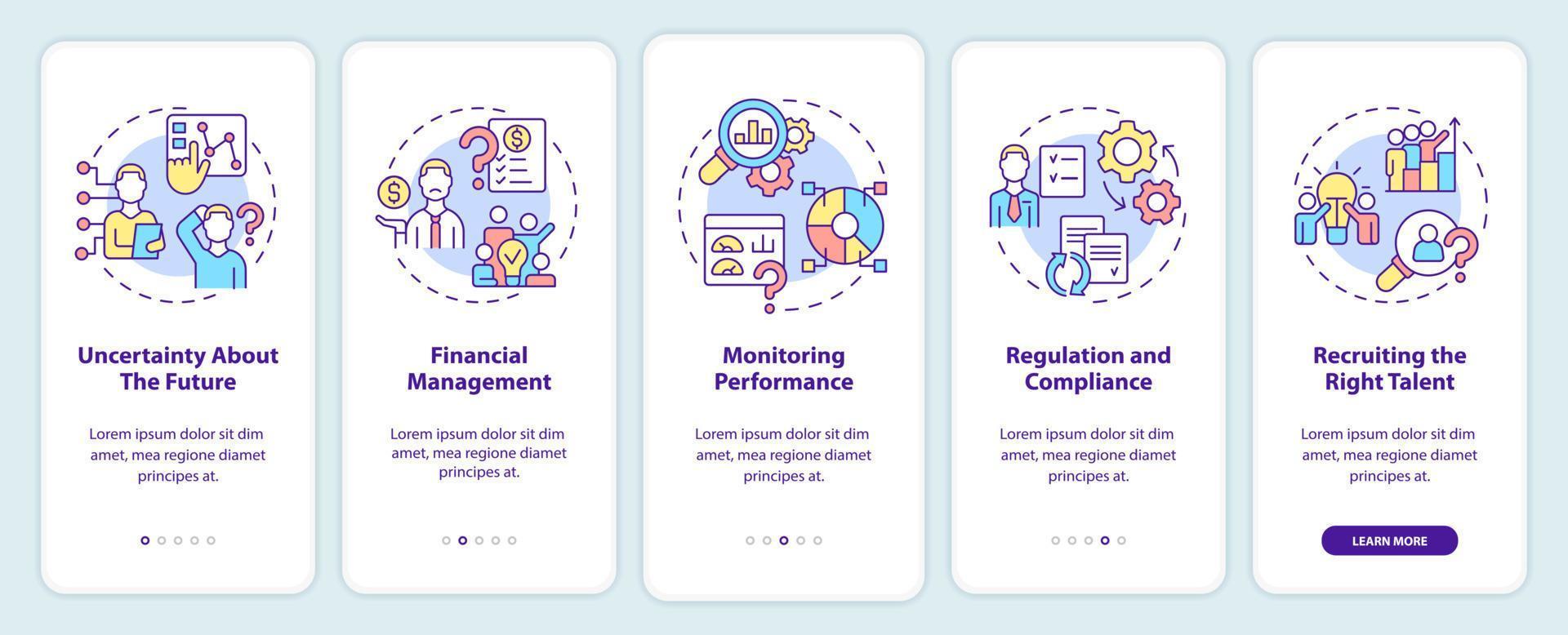 desafios de negócios na tela do aplicativo móvel. monitorando o desempenho passo a passo 5 etapas páginas de instruções gráficas com conceitos lineares. ui, ux, modelo de gui. vetor