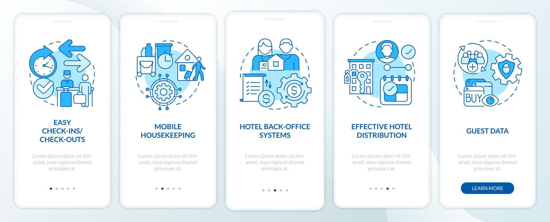 tela de aplicativo móvel de integração azul dos sistemas de gerenciamento de propriedade do hotel. passo a passo de tecnologia 5 etapas páginas de instruções gráficas com conceitos lineares. ui, ux, modelo de gui vetor