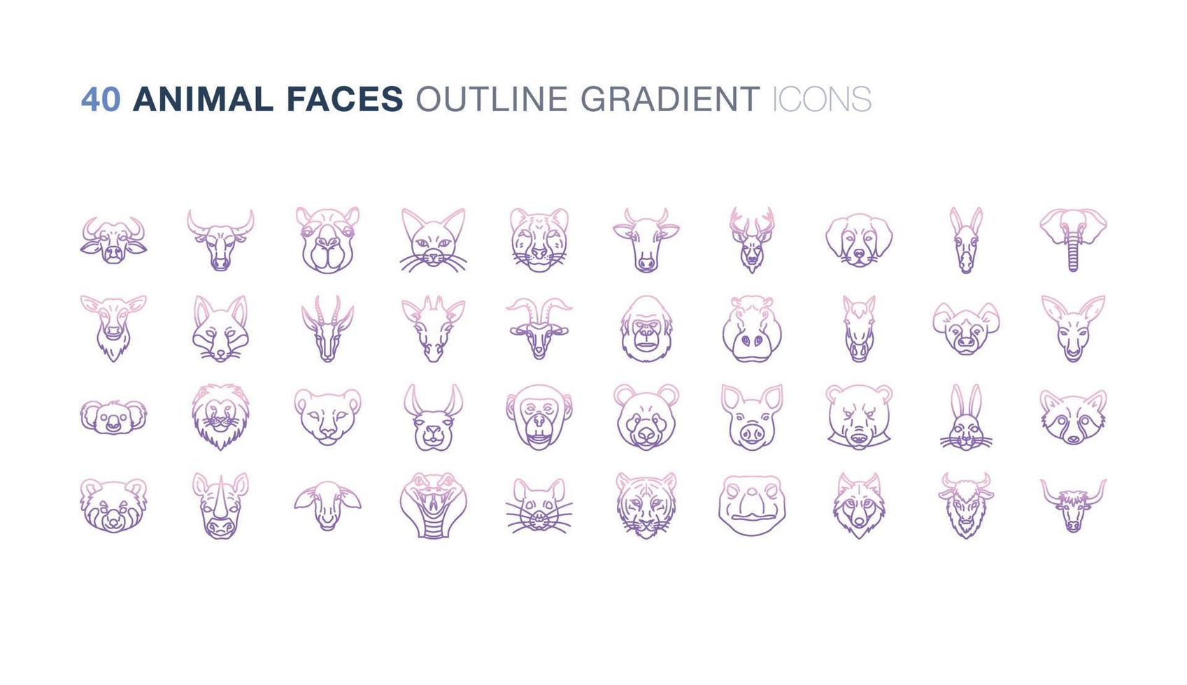 conjunto de ícones de gradiente de contorno de rostos de animais vetor