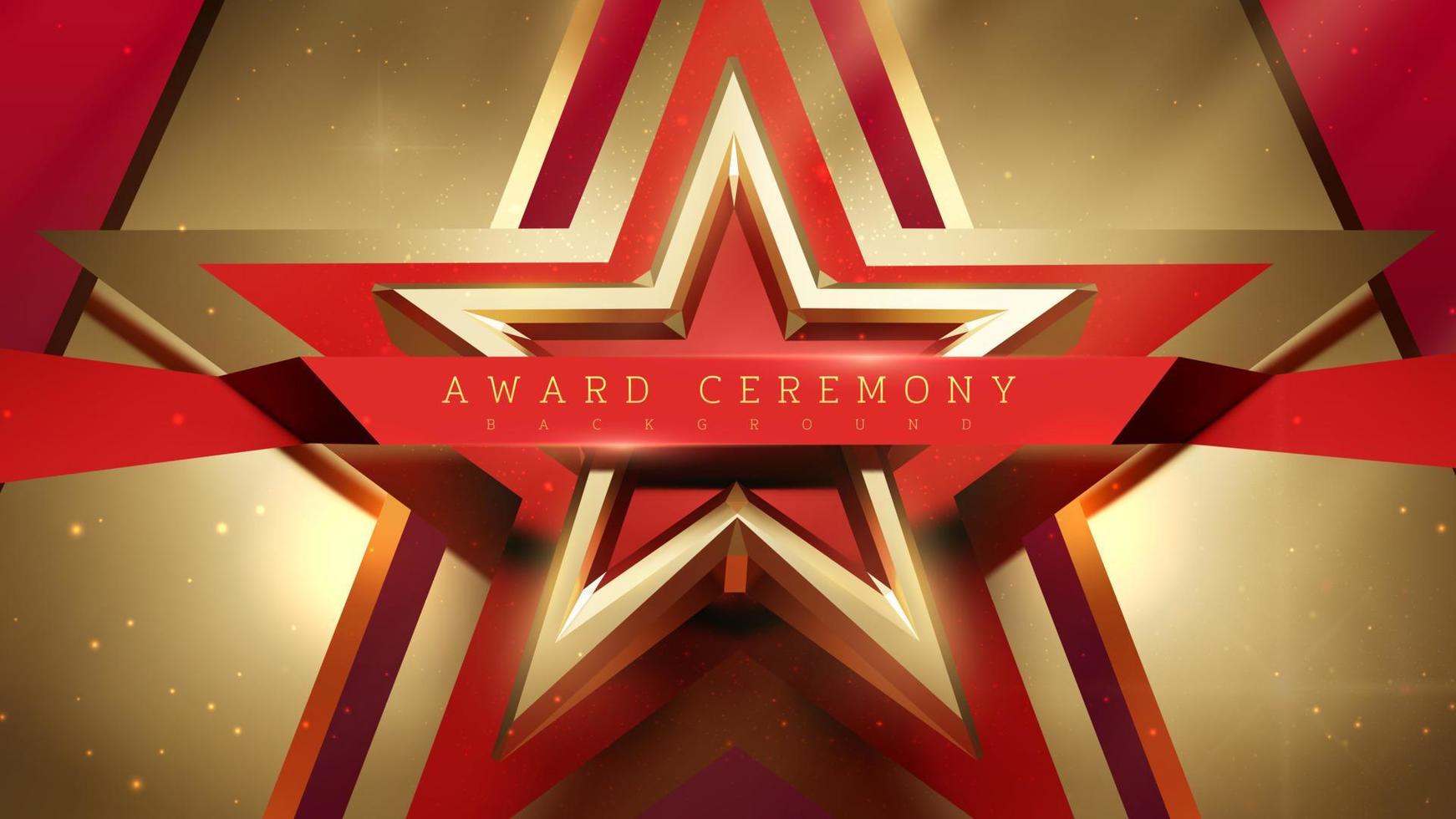 fundo de cerimônia de premiação com estrela de ouro 3d com decoração de fita vermelha com elementos de efeito de luz. vetor