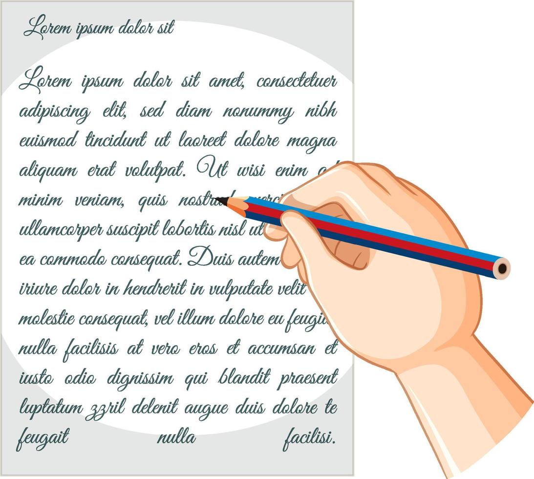 mão humana com lápis escrevendo no papel vetor