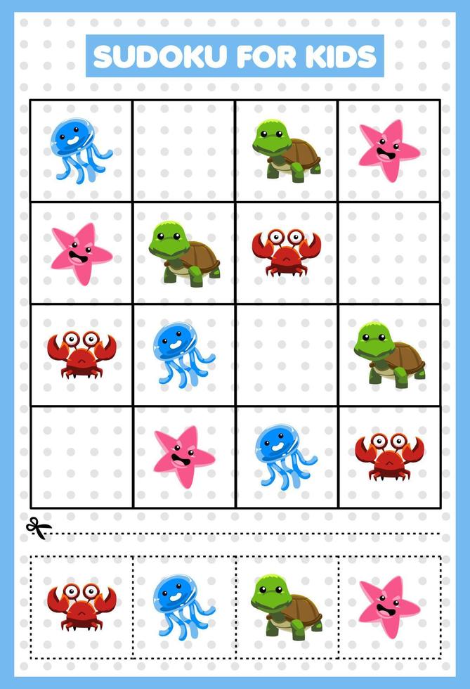 jogo de sudoku para crianças com fotos de animais subaquáticos vetor