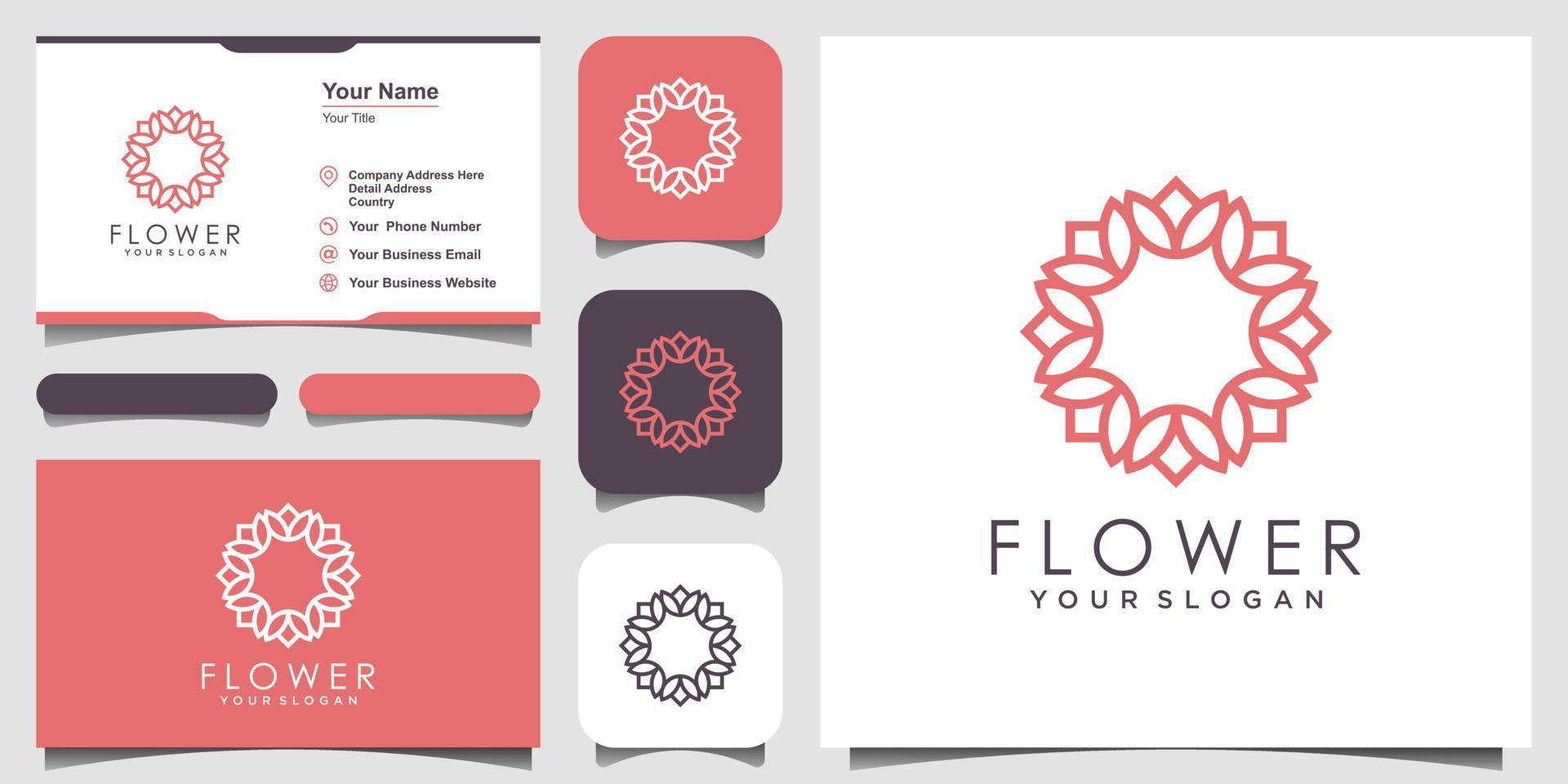 design de logotipo rosa floral elegante minimalista para beleza, cosméticos, ioga e spa. design de logo e cartão de visita vetor