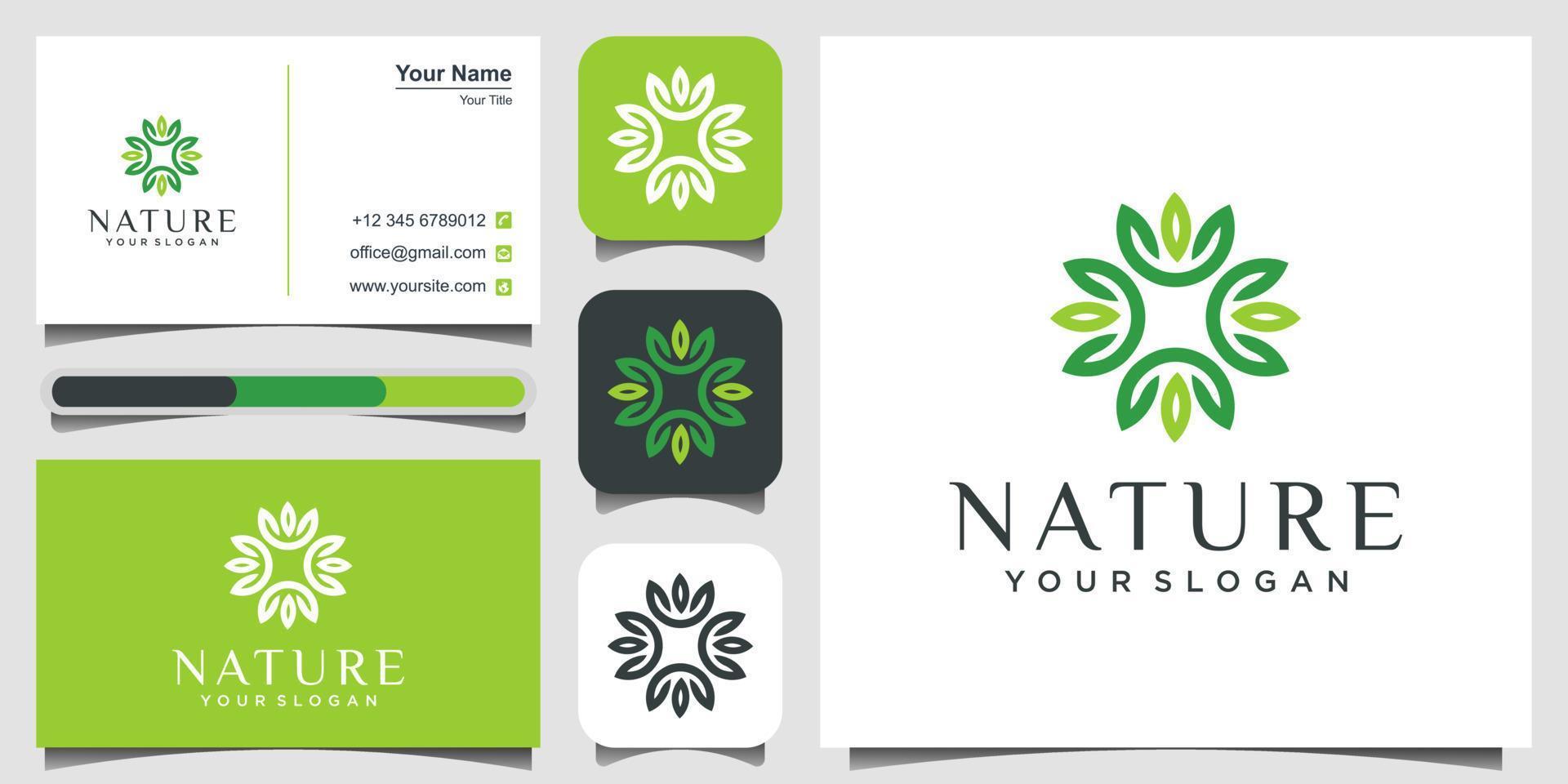 design de logotipo de aulas de ioga. produtos e embalagens de alimentos naturais e orgânicos, círculos feitos com folhas e flores com linhas simples vetor