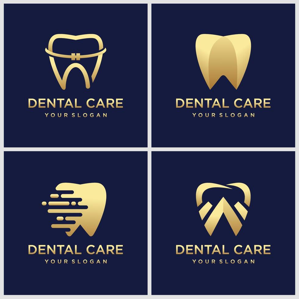 O logotipo da clínica odontológica com formato de dente luxuoso com detalhes em cor dourada faz este design. único, moderno, elegante, maduro vetor