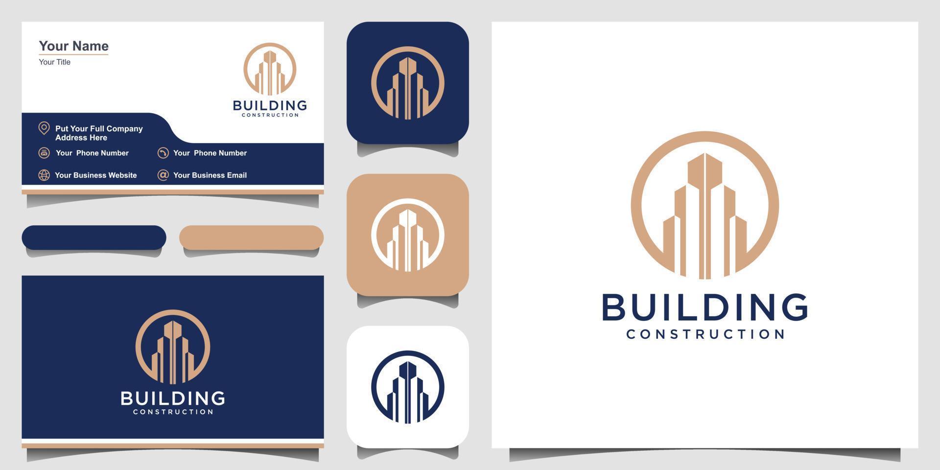 construção de design de logotipo com conceito de linha. resumo de construção da cidade para inspiração de design de logotipo. design de logotipo e cartão de visita vetor