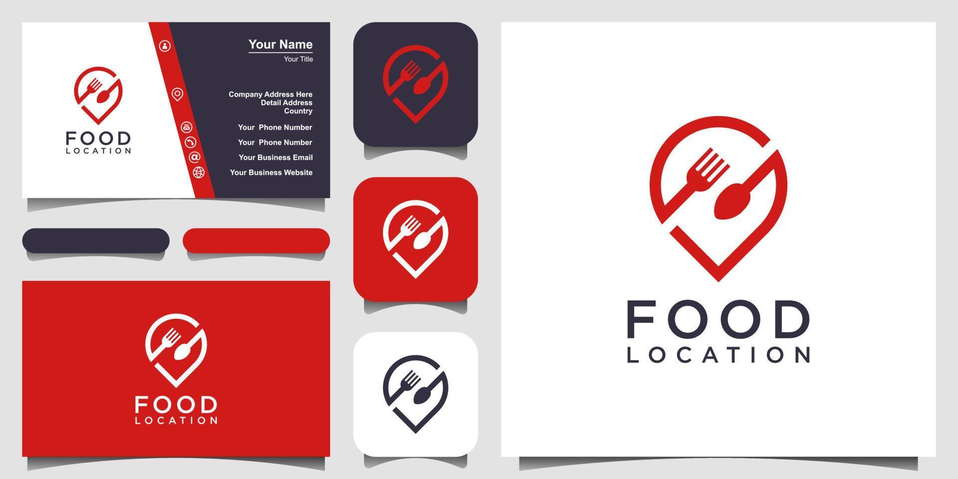 design de logotipo de localização de alimentos, com o conceito de um ícone de alfinete combinado com um garfo e colher. projeto de cartão de visita vetor