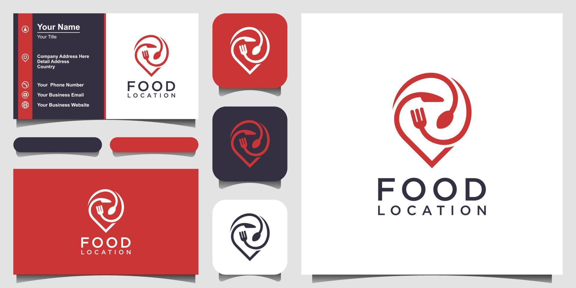design de logotipo de localização de alimentos, com o conceito de um ícone de alfinete combinado com um garfo, faca e colher. projeto de cartão de visita vetor