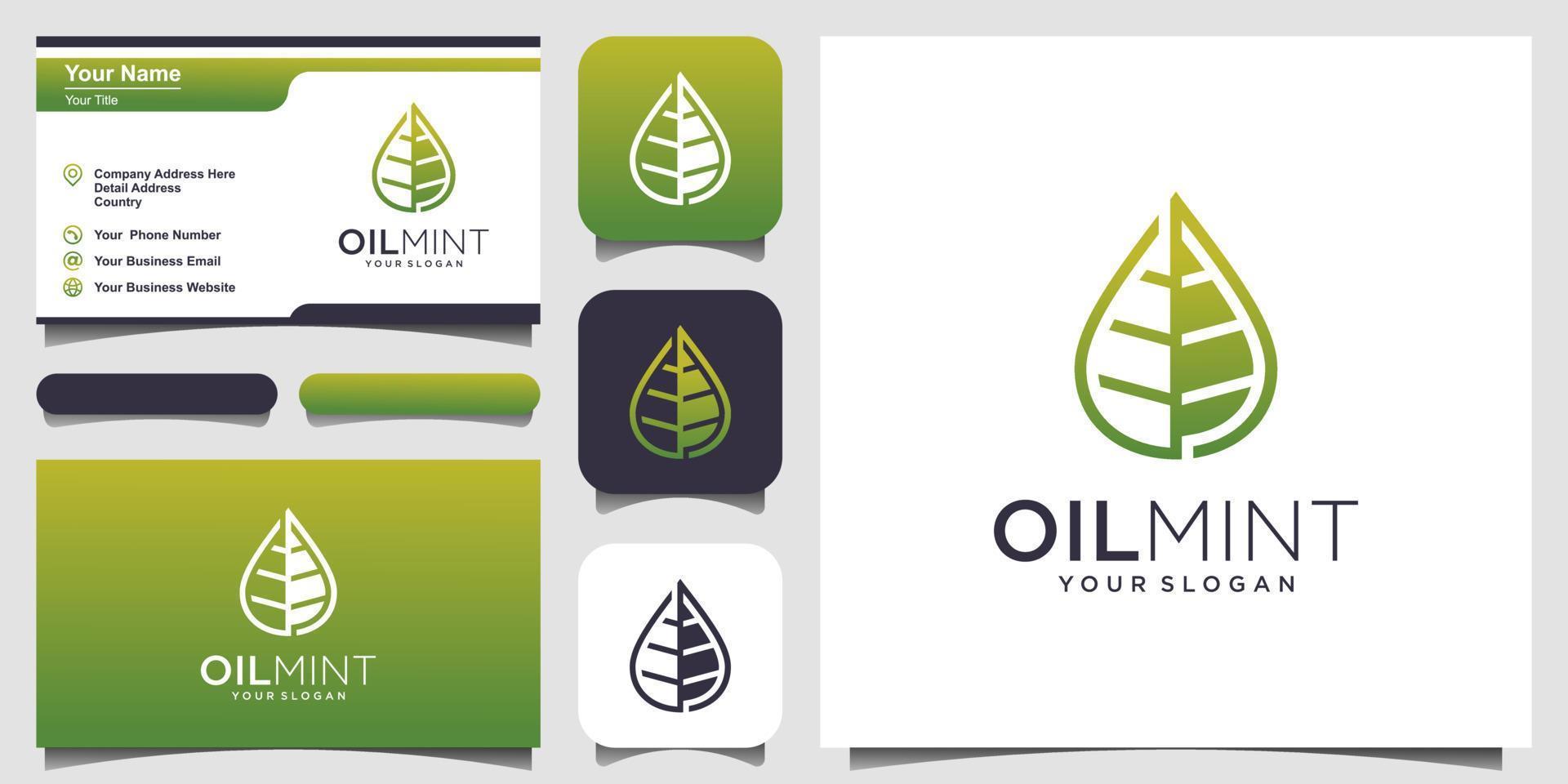 logotipo de vetor de óleo e hortelã folha com arte de linha. design de logotipo e cartão de visita