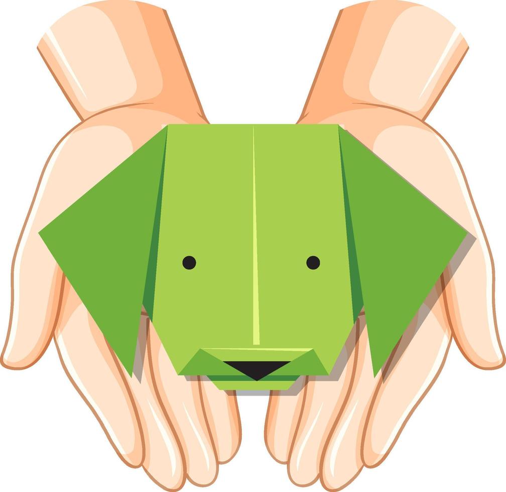 mãos humanas segurando cachorro origami vetor