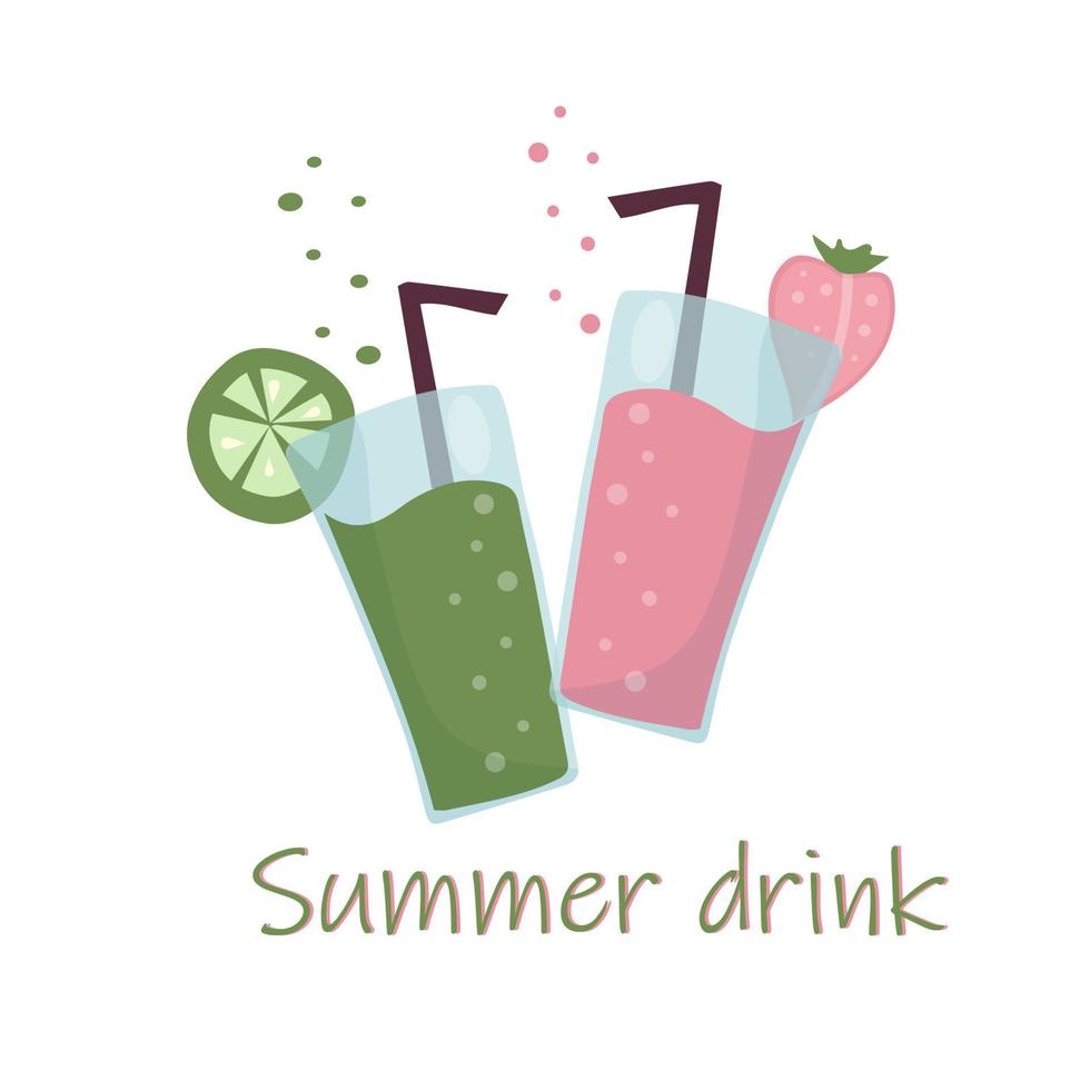 dois coquetéis de frutas refrescantes de verão. bebidas não alcoólicas em um copo de vidro simples e canudo. design de smoothie e fatias de frutas frescas de morango e limão. comida vegana saudável vetor