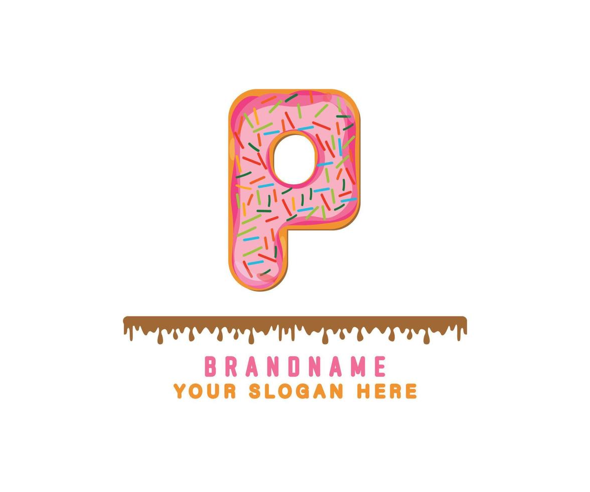 alfabeto letra p com alfabeto de pão de donut rosa é adequado para logotipos, títulos e cabeçalhos, vetor de donut fofo