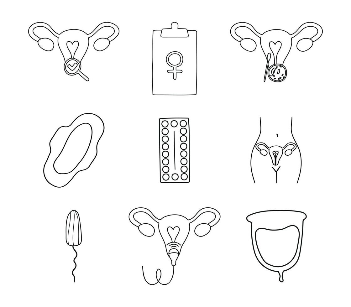 conjunto de ícones de linha fina de ginecologia. ultrassom, check up, fertilização artificial, cirurgia ginecológica, pílula anticoncepcional, copo menstrual de menstruação, tampão, absorvente, dispositivo intrauterino. vetor