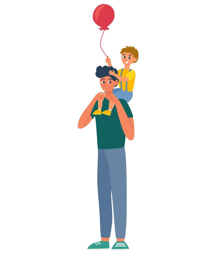 pai e filho. jovem segura uma criança com um balão nos braços. o conceito de descanso e amor em família. ilustração em vetor plana isolada no fundo branco.