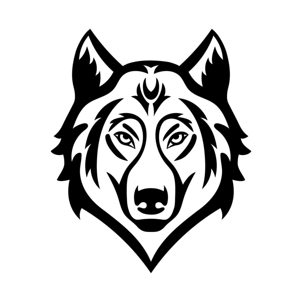 ícone de cabeça de lobo em preto e branco. ilustração vetorial para gráfico de mascote e t-shirt. sinal de cara de lobo ou cachorro isolado no fundo branco vetor
