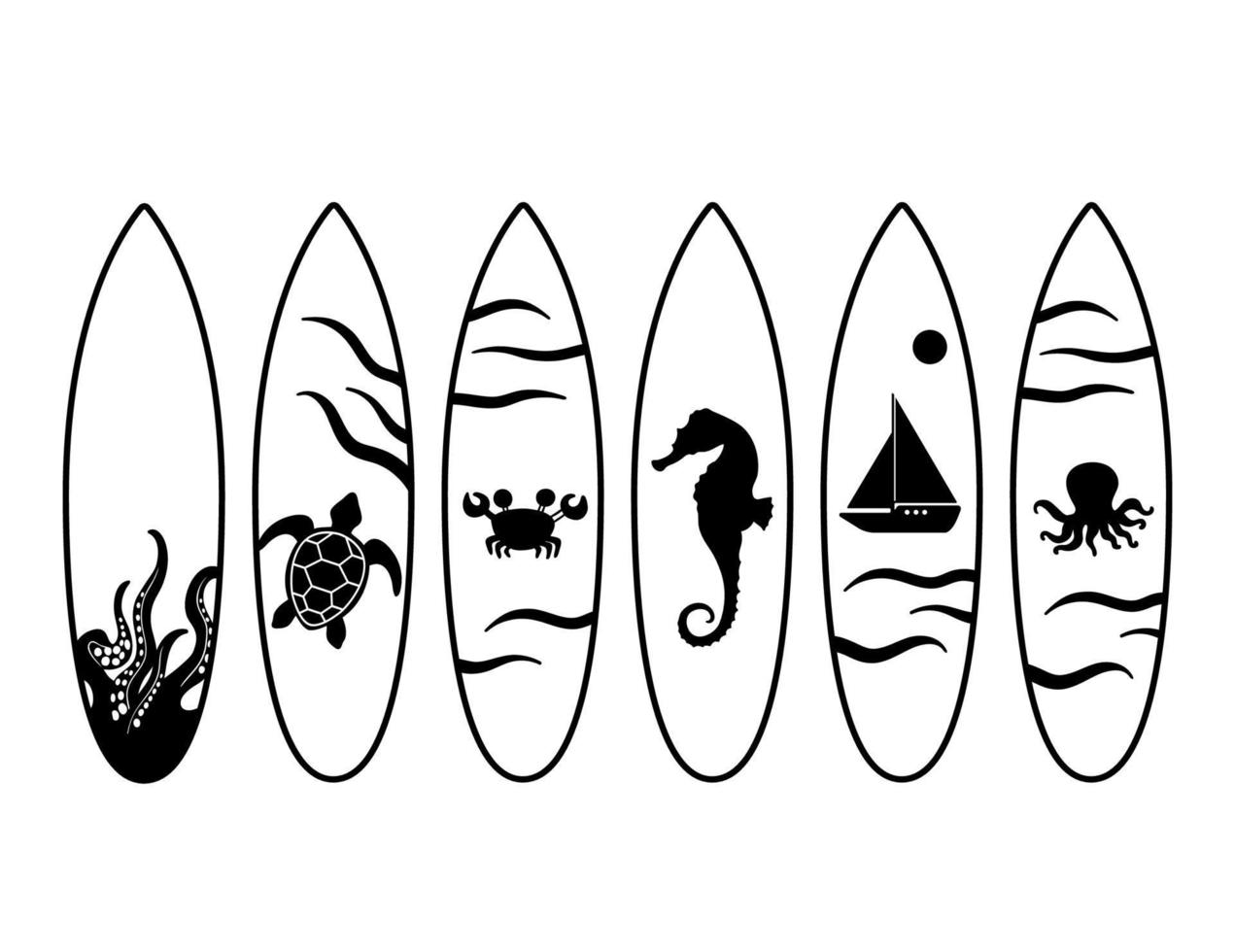 conjunto de pranchas de surf pretas com polvo, tartaruga, barco, desenho de cavalo-marinho. ilustração vetorial isolada no fundo branco vetor
