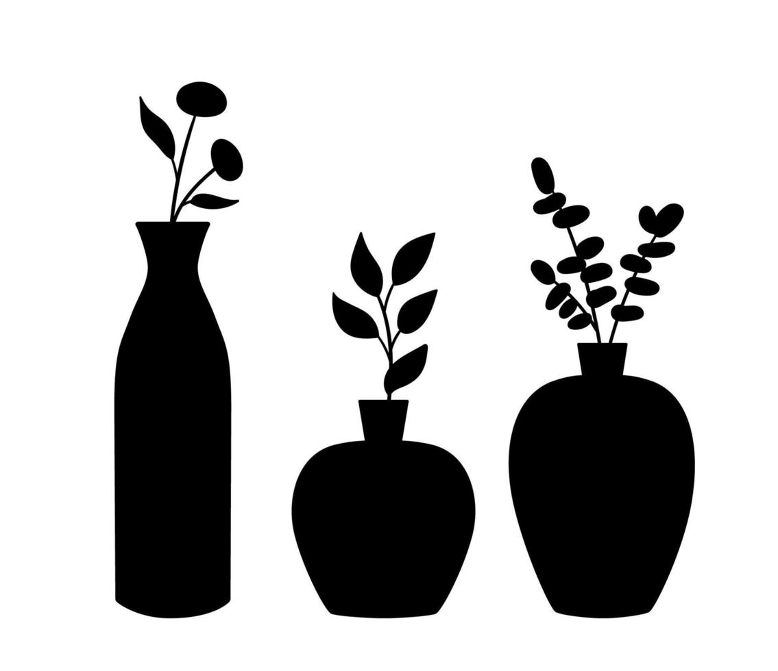 plantas de casa desenhadas à mão em vaso. silhuetas negras de diferentes plantas em vasos. ilustração vetorial isolada no fundo branco vetor