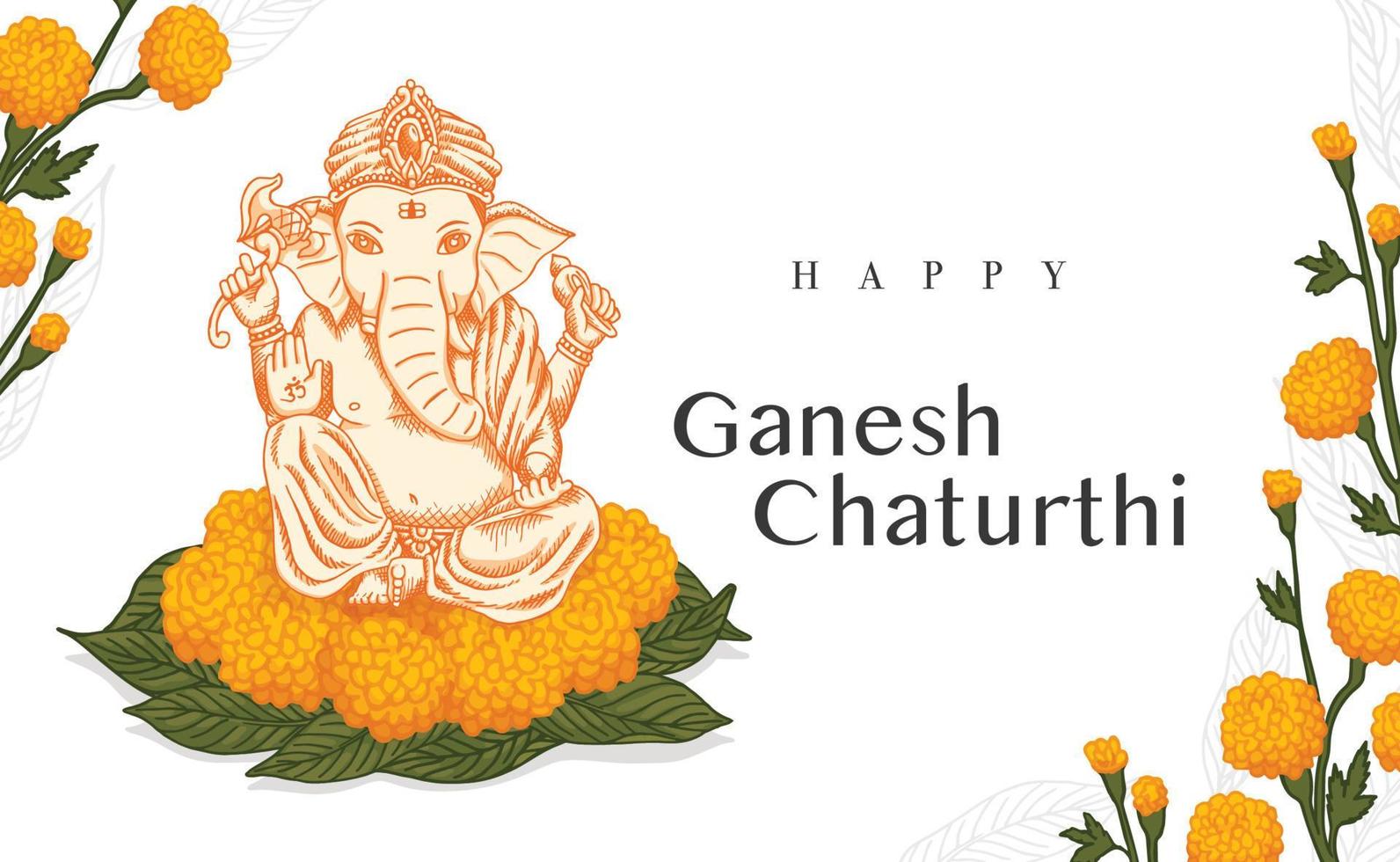 celebre a adoração do elefante ganesh chaturthi com adoração flores amarelas e folha de manga retrô arte de linha antiga vetor de gravura