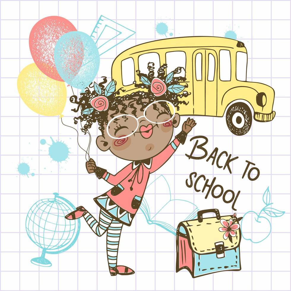 uma menina bonita de pele escura com balões e uma maleta vai para a escola. de volta à escola. o ônibus escolar. vetor