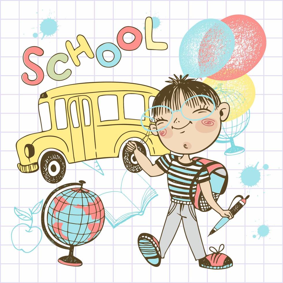 um estudante de menino bonito com balões e uma mochila vai para a escola. de volta à escola. o ônibus escolar. vetor
