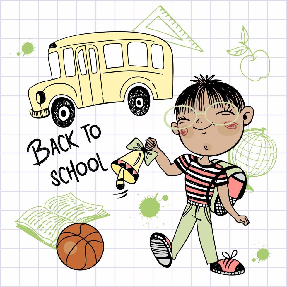 um estudante de menino bonito com um sino e uma mochila vai para a escola. de volta à escola. o ônibus escolar. vetor