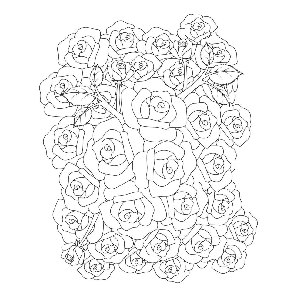 padrão de repetição de rabiscos de flores de rosas com desenho de página para colorir de arte de linha de design de esboço monocromático vetor