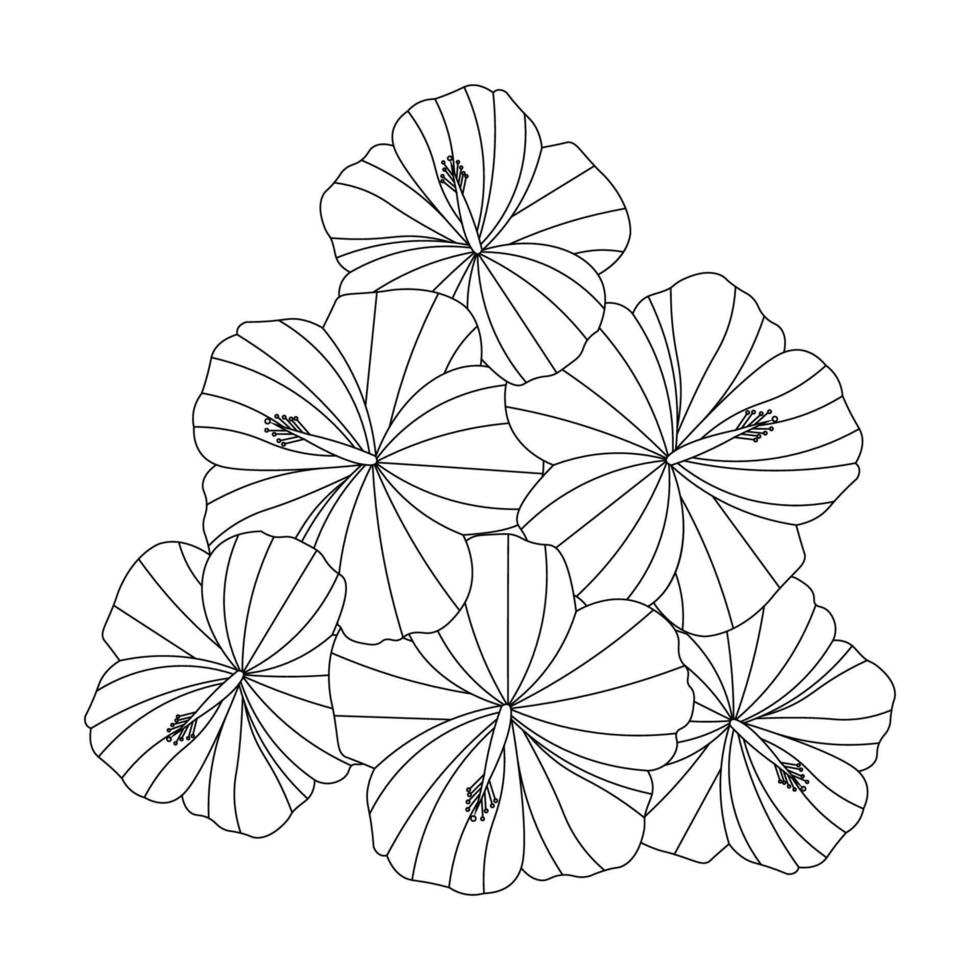 desenho de arte de linha de vetor de flor de hibisco vermelho em fundo preto e branco para colorir página