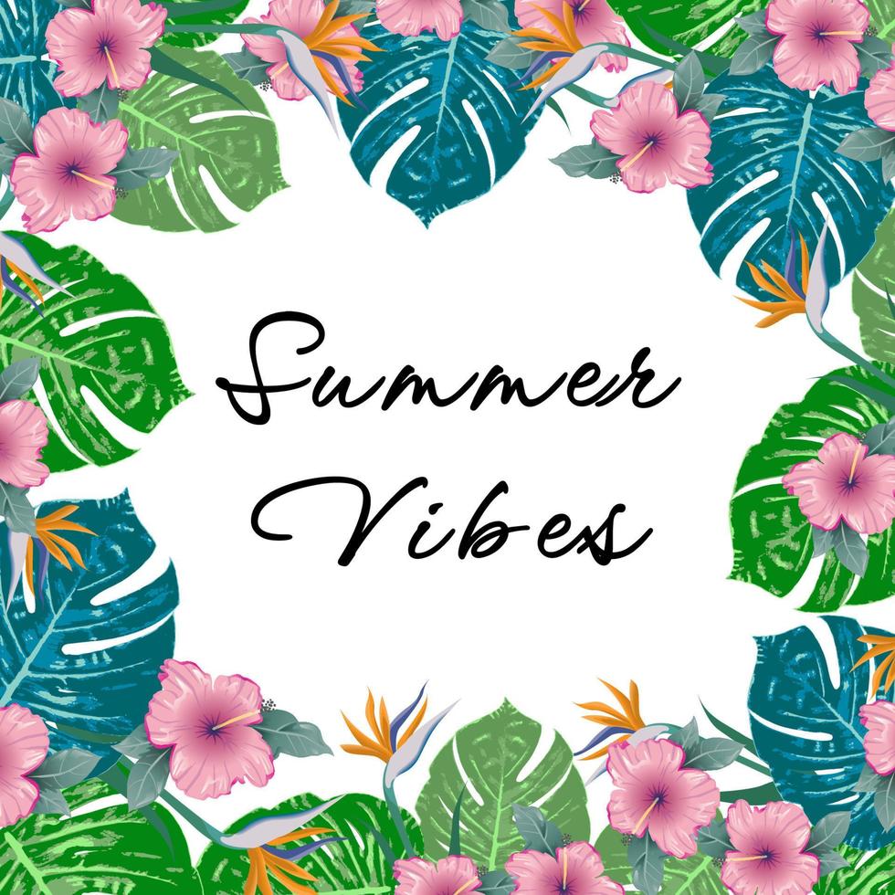 Vibes do verão. design de folheto tropical verde de verão com flores tropicais e folhas de monstera. projeto do quadro. espaço de cópia vetor