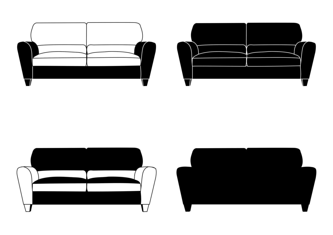 conjunto, contorno de silhueta, sofá, sofá, sofá, sofá-cama, espreguiçadeira, pufe. objeto, modelo de mobiliário. vetor