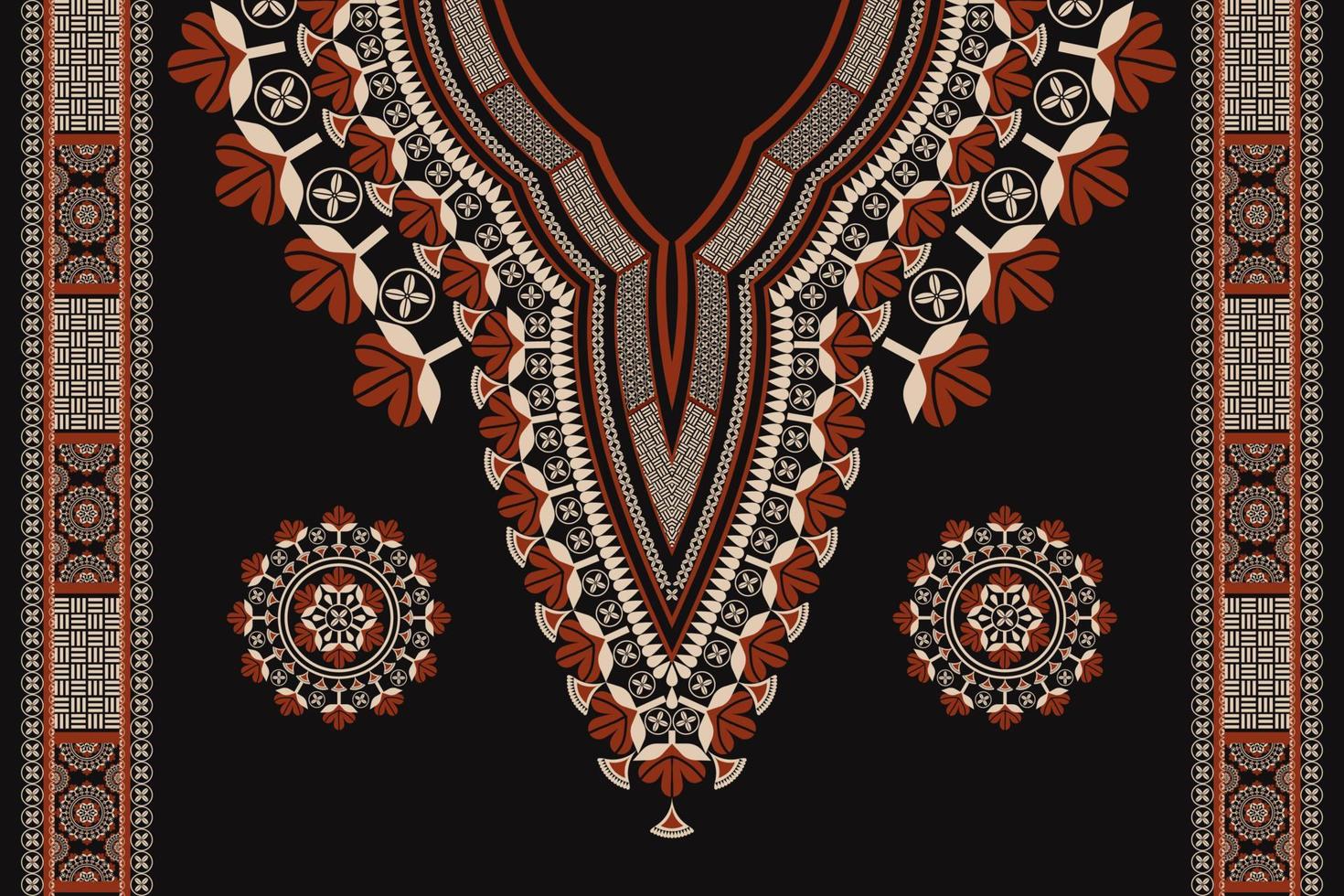 padrão de bordado de flores de decote de cor vermelho-ouro étnico com borda de elementos de decoração em fundo preto. moda de camisas de arte tribal africana. vetor