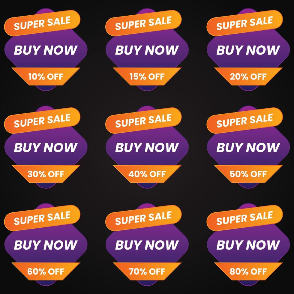 super venda compre agora banner de oferta de desconto de venda por porcentagem diferente e etiqueta de preço vetor
