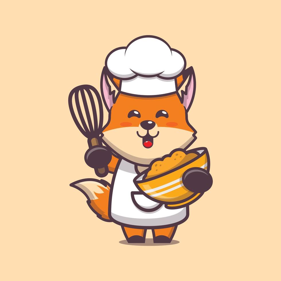 personagem de desenho animado de mascote de chef de raposa bonito com massa de bolo vetor