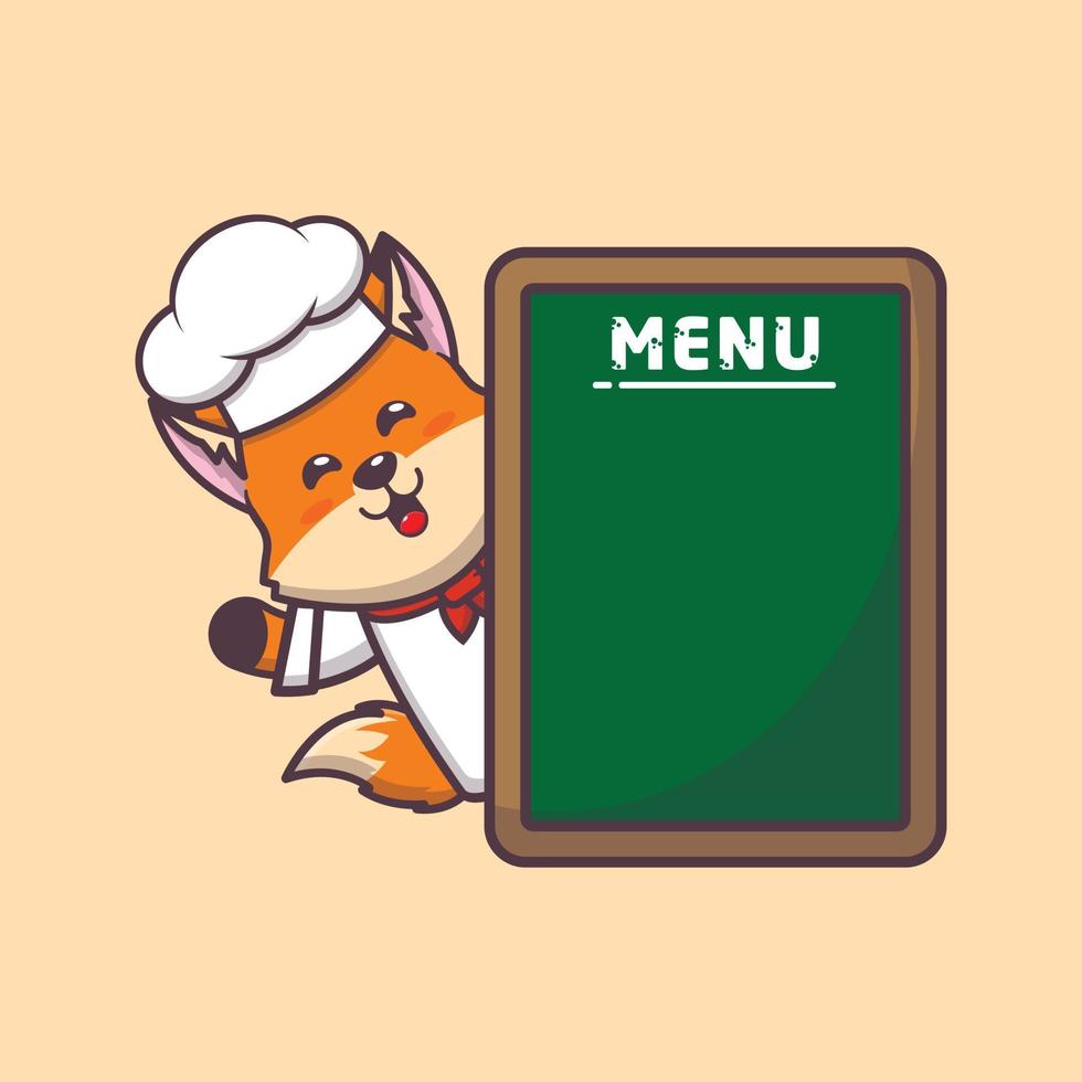 personagem de desenho animado de mascote de chef de raposa bonito com placa de menu vetor