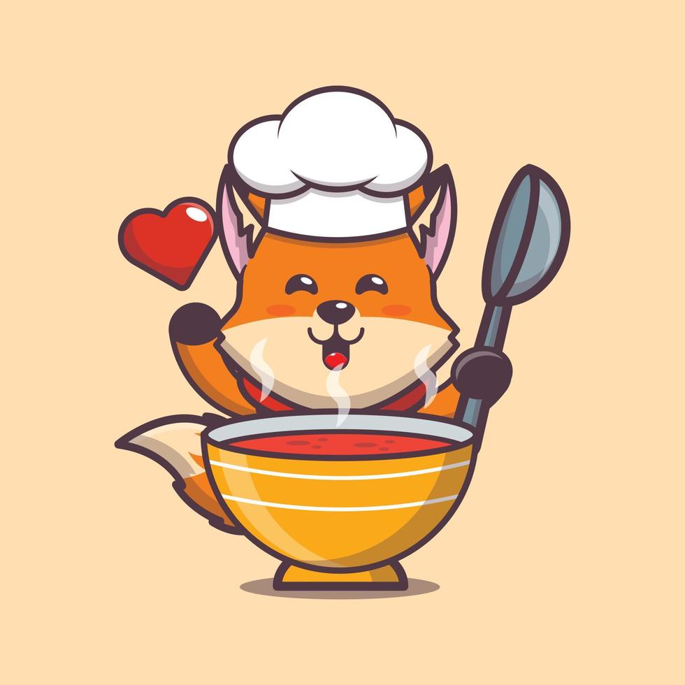 personagem de desenho animado de mascote de chef de raposa bonito com sopa vetor