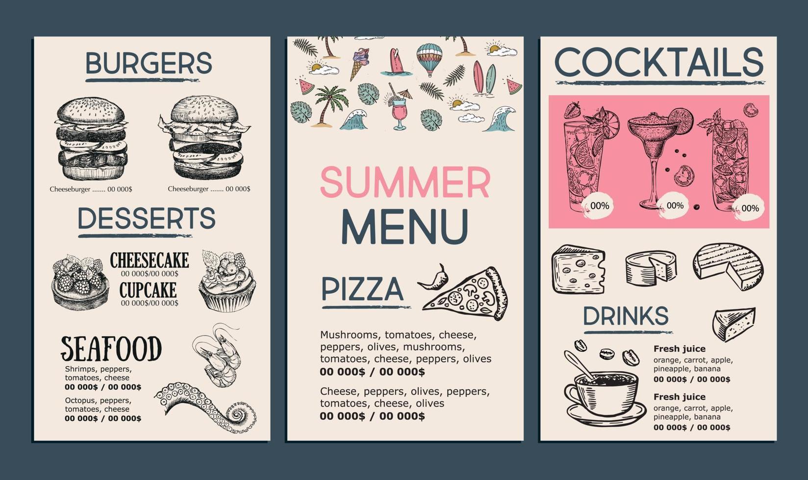 menu de verão, design de modelo. panfleto de comida. estilo desenhado à mão. ilustração vetorial. vetor