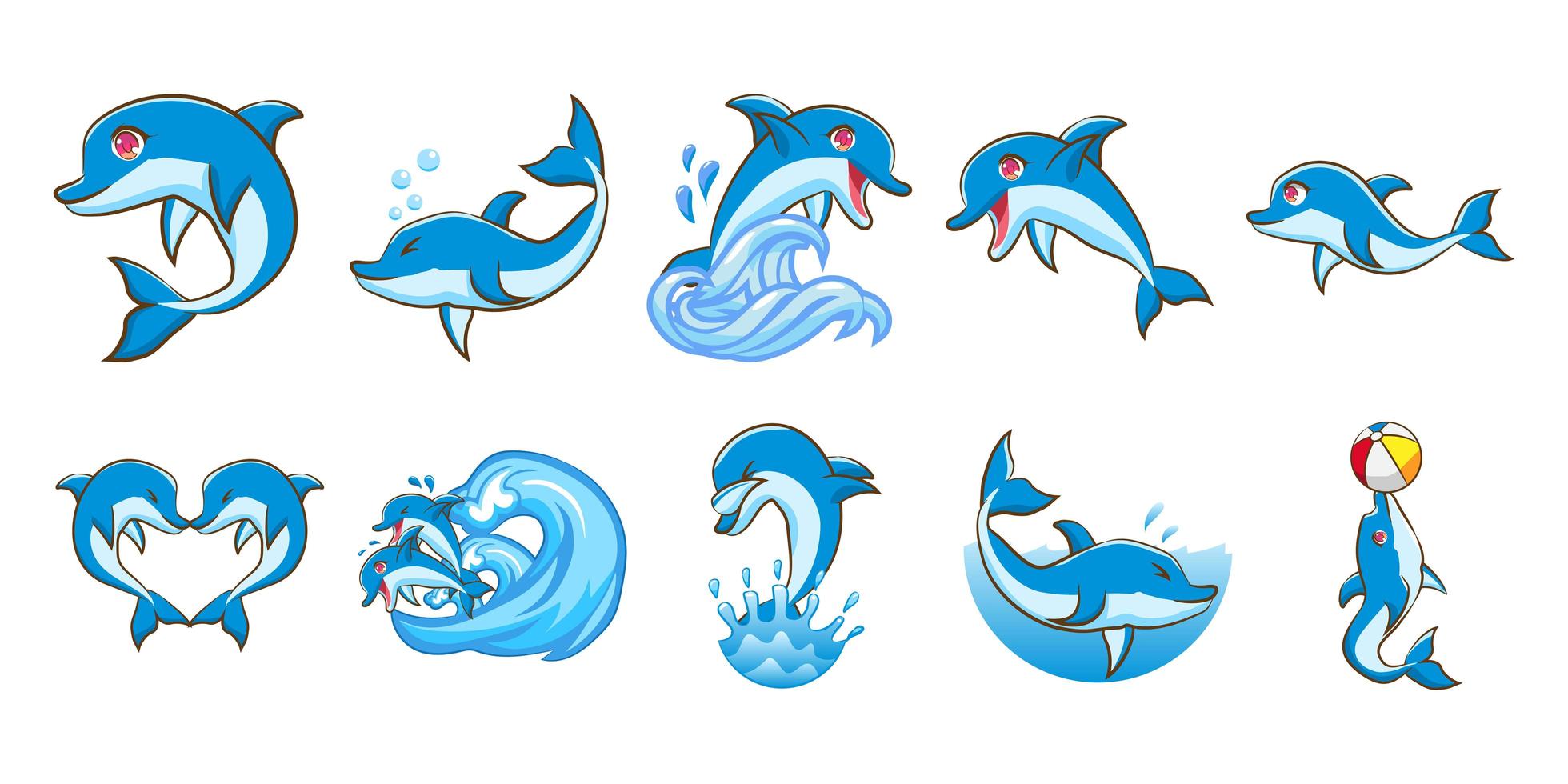 conjunto de desenhos animados de golfinho vetor