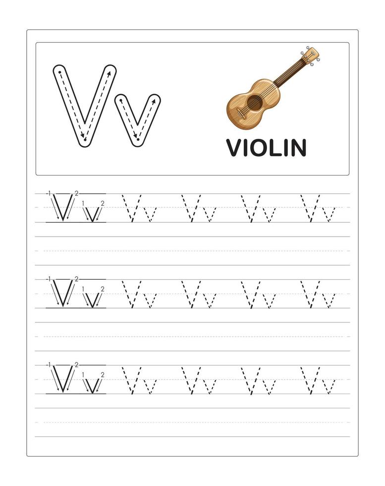 planilhas de prática de rastreamento de alfabeto colorido para crianças, v é para violino vetor