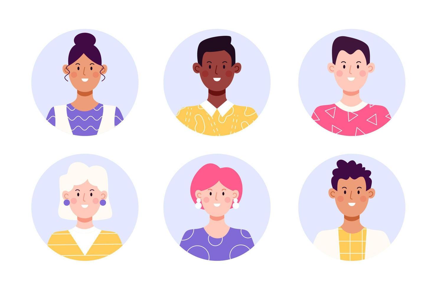 conjunto de avatar de rosto de círculo. coleção de retratos multirraciais masculinos e femininos para ícones de perfil. ilustração vetorial plana. vetor