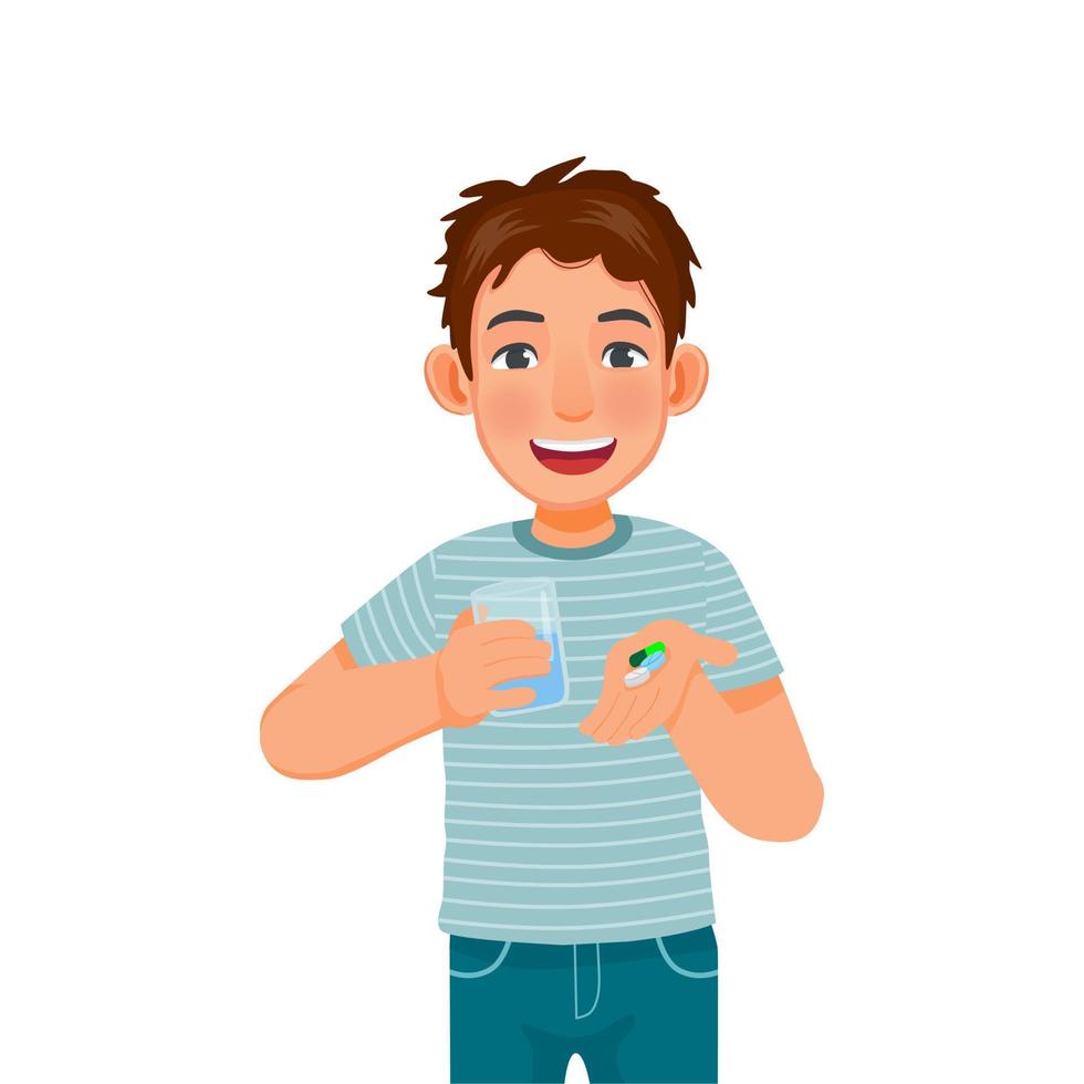 jovem bonito mostrando pílulas na mão prontas tomando remédio com um copo de água vetor