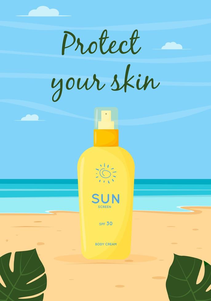 produto de cuidados da pele. segurança do sol, spray de proteção uv. tubo de produto protetor solar com spf. cosmético de verão. vetor